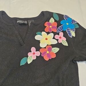 Stephanie Rogers Black Women Tee with Colorful Floral Accents